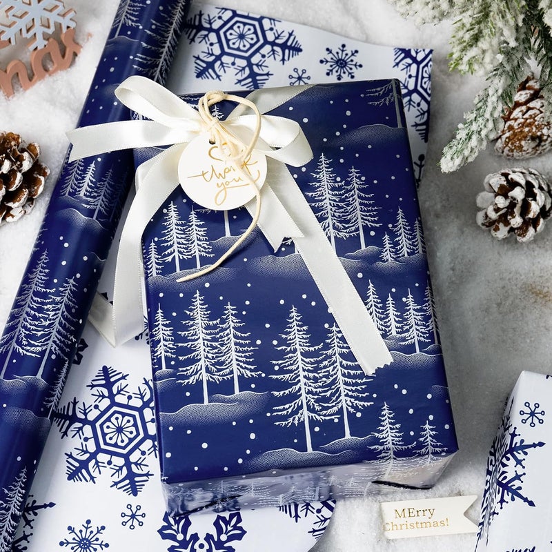 MAYPLUSS Christmas Wrapping Paper Roll - 17IN X 33FT - Blue Gift Wrapping Paper Featuring Christmas Tree Against Navy Blue Reversible Snowflke for Kids, Holiday, New Year - Image 2